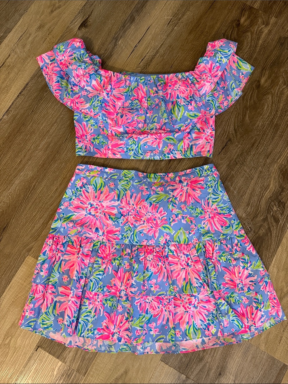 Lilly Pulitzer Pink Floral Crop Top and Skirt Two-Piece Set on Lavender